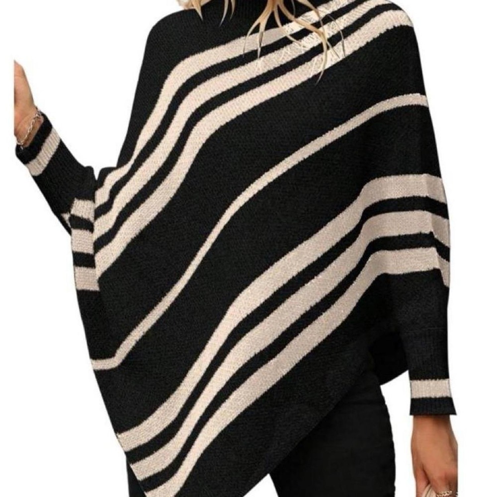 Milumia Women's Striped Mock Neck Knitted Poncho Sweater